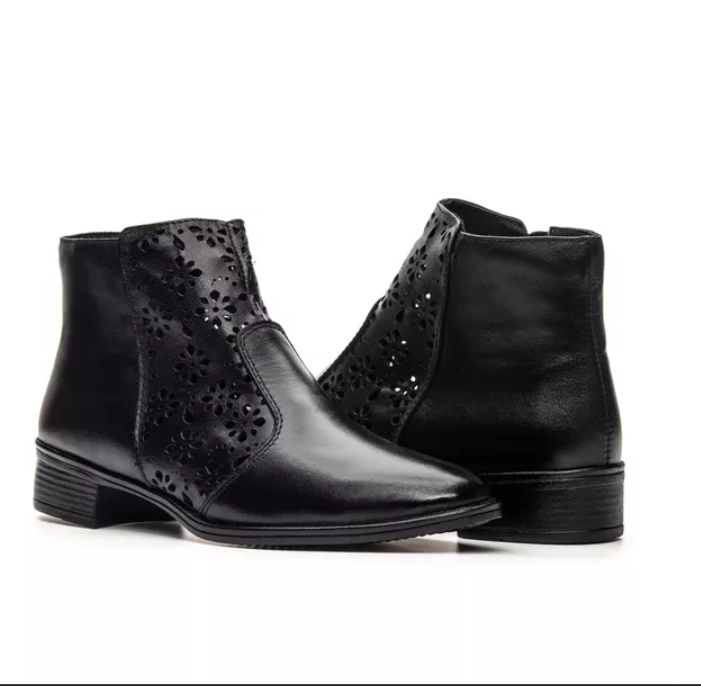 Bota Feminina em Couro Detalhe em Laser - Preto (Ref.: 7395preto)